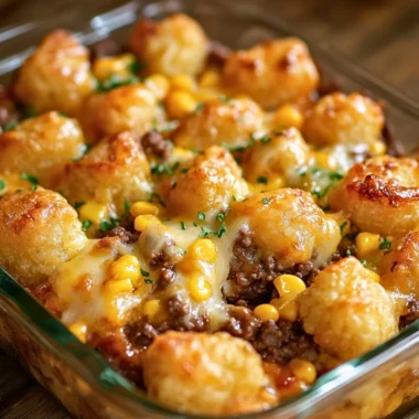 Delicious Tater Tot Casserole with Ground Beef served in a baking dish