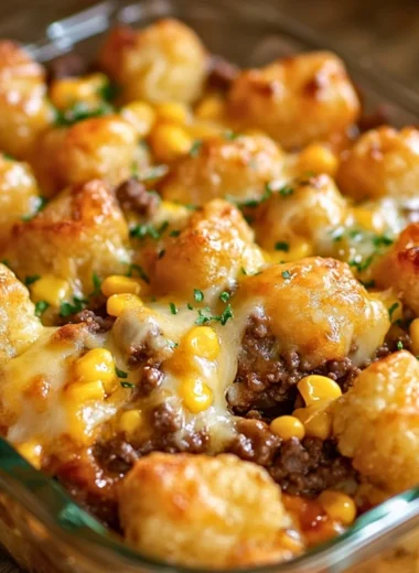 Delicious Tater Tot Casserole with Ground Beef served in a baking dish