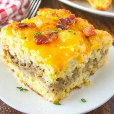 Delicious Tater Tot Breakfast Casserole topped with cheese and eggs
