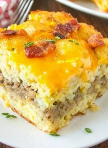 Delicious Tater Tot Breakfast Casserole topped with cheese and eggs