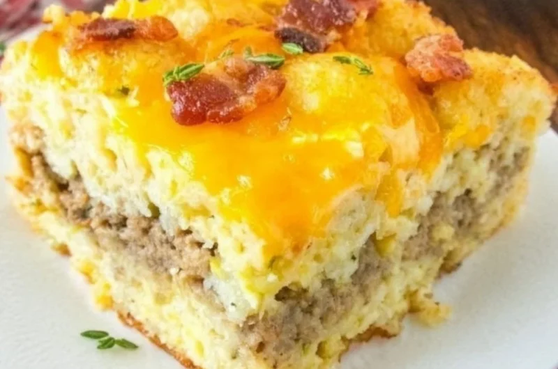 Delicious Tater Tot Breakfast Casserole topped with cheese and eggs