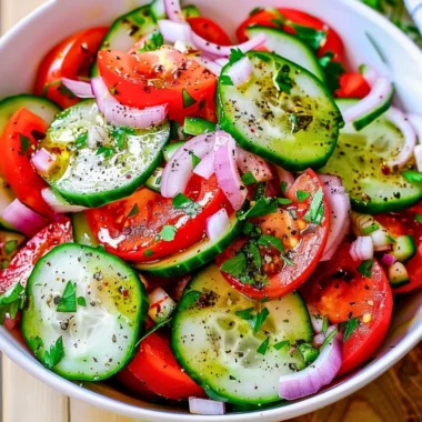 Tomato Cucumber Salad topped with herbs and olive oil in a bowl