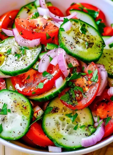 Tomato Cucumber Salad topped with herbs and olive oil in a bowl