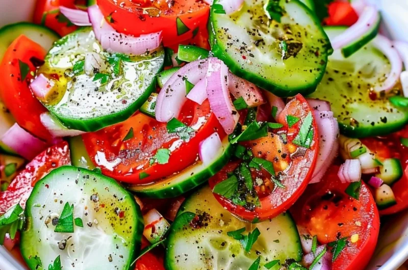 Tomato Cucumber Salad topped with herbs and olive oil in a bowl
