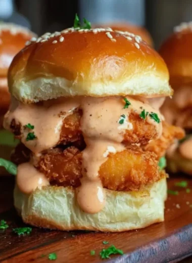 Bang Bang Chicken Sliders with a spicy sauce in a gourmet bun