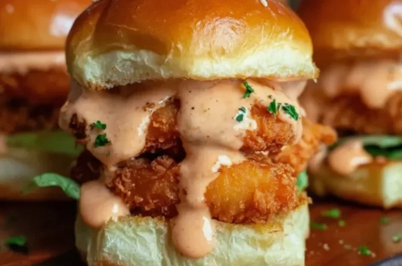 Bang Bang Chicken Sliders with a spicy sauce in a gourmet bun