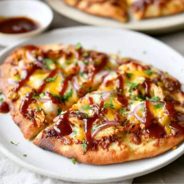 BBQ Chicken Naan Pizza topped with fresh ingredients and melted cheese