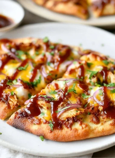 BBQ Chicken Naan Pizza topped with fresh ingredients and melted cheese