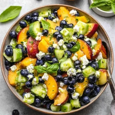 Delicious Blueberry Peach Feta Salad with fresh fruit and feta cheese