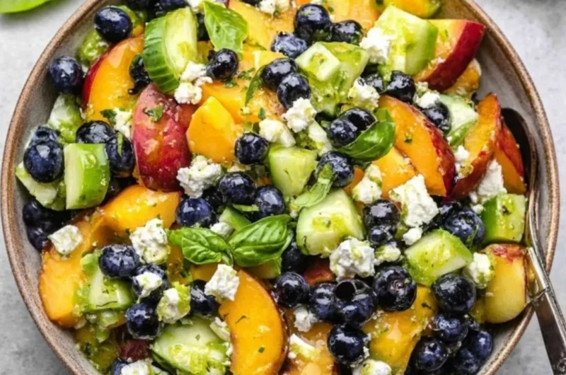 Delicious Blueberry Peach Feta Salad with fresh fruit and feta cheese