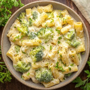 Creamy broccoli cheese pasta dish garnished with fresh herbs.