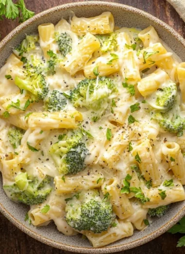 Creamy broccoli cheese pasta dish garnished with fresh herbs.