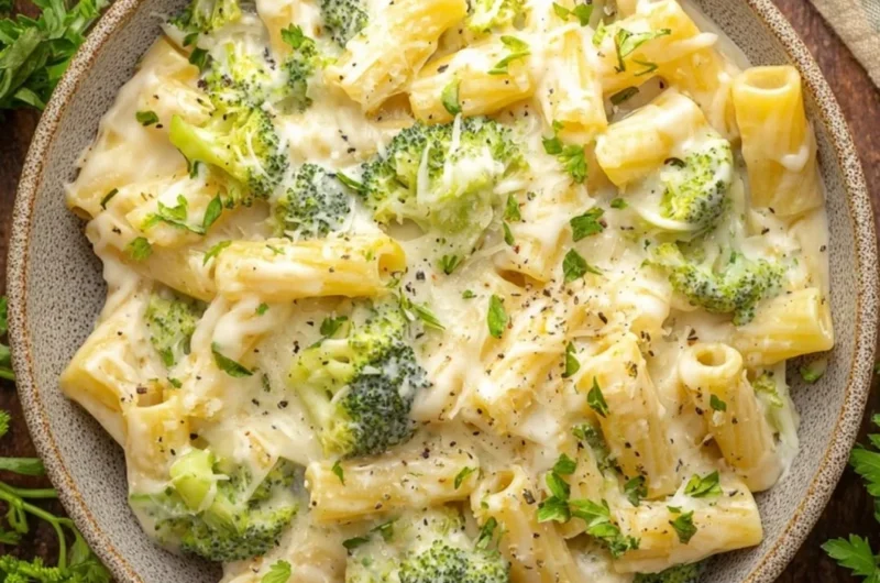 Creamy broccoli cheese pasta dish garnished with fresh herbs.
