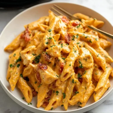 Creamy Buffalo Chicken Pasta served with fresh herbs and parmesan cheese
