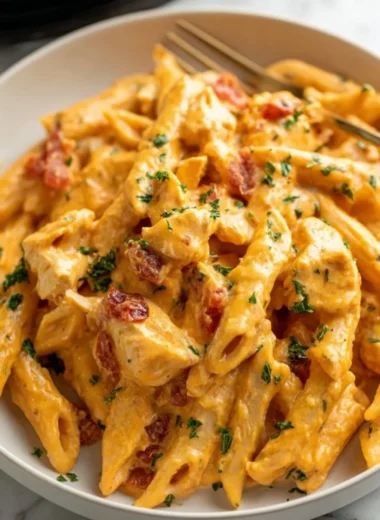 Creamy Buffalo Chicken Pasta served with fresh herbs and parmesan cheese