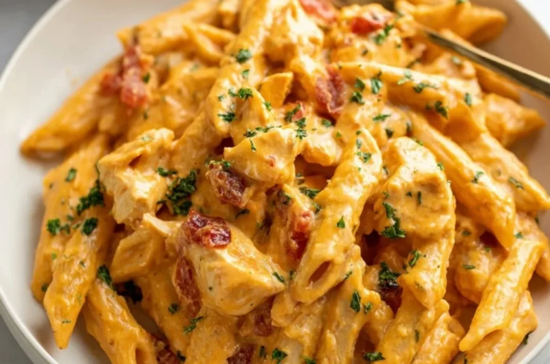 Creamy Buffalo Chicken Pasta served with fresh herbs and parmesan cheese