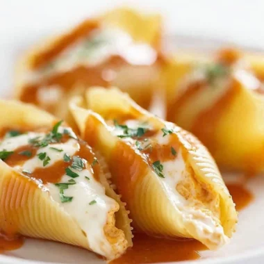Buffalo chicken stuffed shells topped with cheese and herbs.