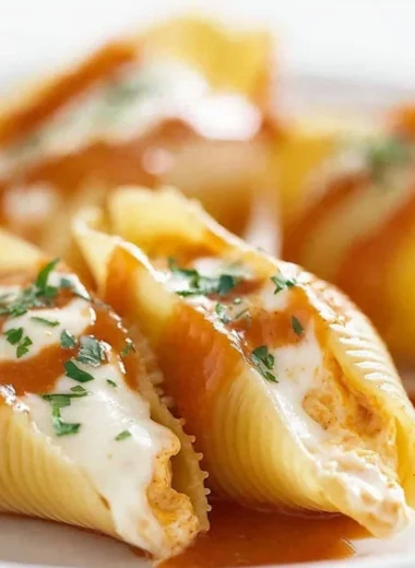 Buffalo chicken stuffed shells topped with cheese and herbs.