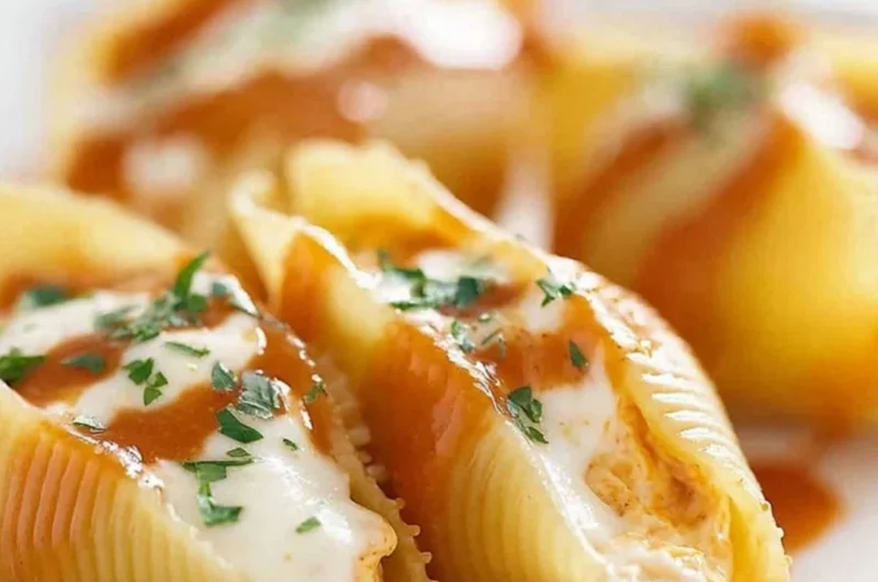 Buffalo chicken stuffed shells topped with cheese and herbs.