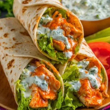 Delicious Buffalo Chicken Wraps filled with spicy chicken, lettuce, and dressing.