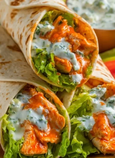 Delicious Buffalo Chicken Wraps filled with spicy chicken, lettuce, and dressing.
