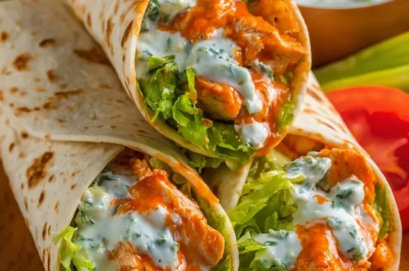 Delicious Buffalo Chicken Wraps filled with spicy chicken, lettuce, and dressing.