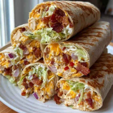 Cheesy bacon ranch wraps wrapped in tortillas, filled with bacon, cheese, and ranch dressing.