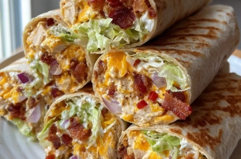 Cheesy bacon ranch wraps wrapped in tortillas, filled with bacon, cheese, and ranch dressing.