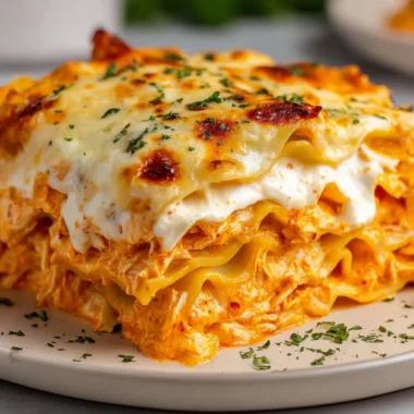Cheesy Buffalo Ranch Chicken Lasagna topped with herbs and spices.