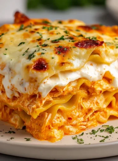 Cheesy Buffalo Ranch Chicken Lasagna topped with herbs and spices.