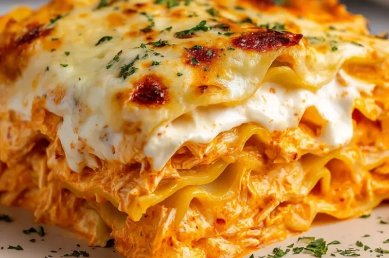 Cheesy Buffalo Ranch Chicken Lasagna topped with herbs and spices.