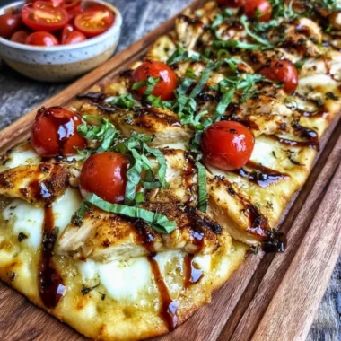 Delicious Chicken Caprese Flatbread with fresh ingredients and melted mozzarella cheese