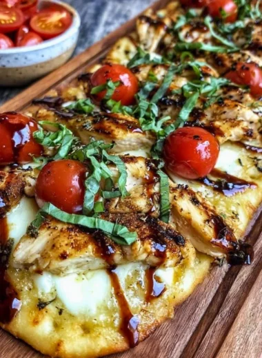 Delicious Chicken Caprese Flatbread with fresh ingredients and melted mozzarella cheese