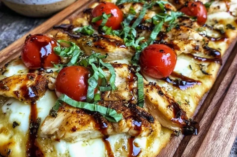 Delicious Chicken Caprese Flatbread with fresh ingredients and melted mozzarella cheese