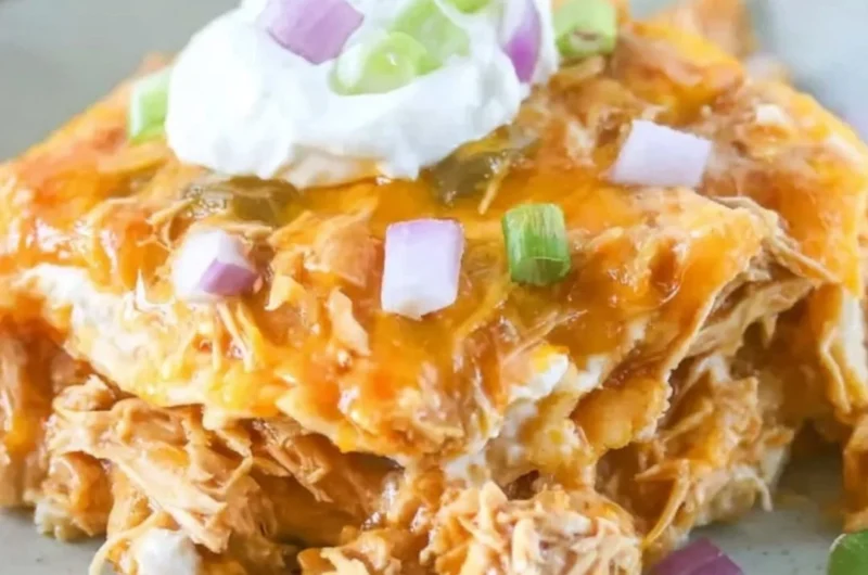 Delicious chicken enchilada casserole served with toppings