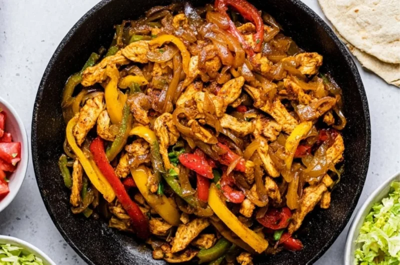 Colorful Chicken Fajitas served with tortillas and toppings