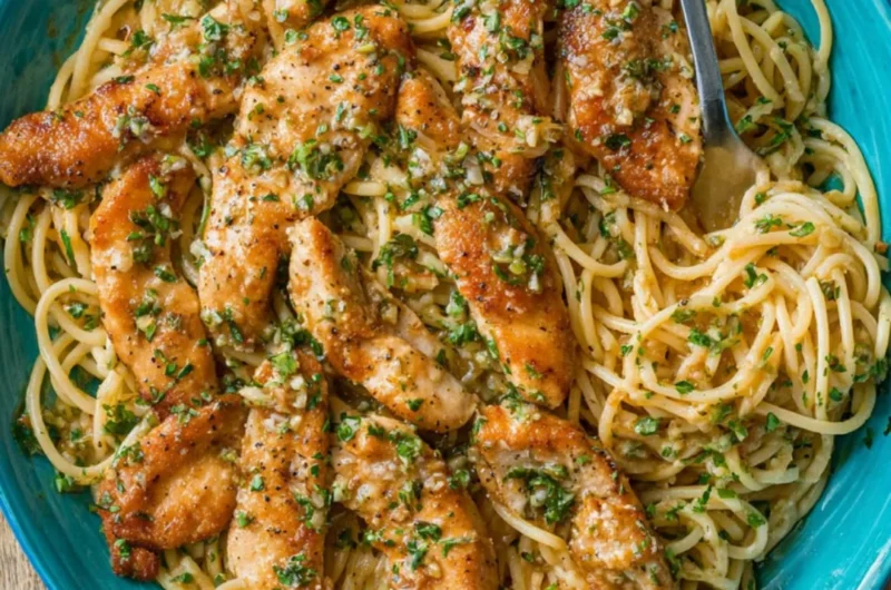 Delicious Chicken Scampi Pasta garnished with herbs and spices.