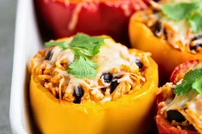 Baked Chicken Stuffed Peppers filled with seasoned chicken and vegetables