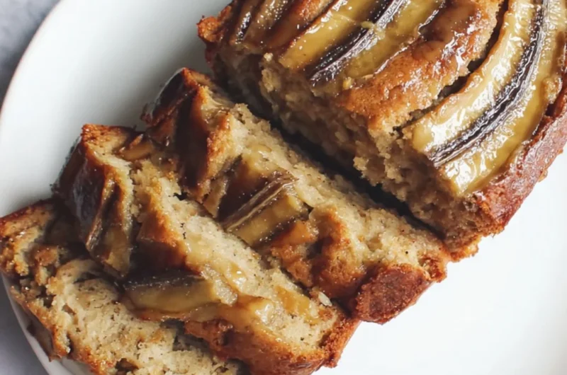 Loaf of classic banana bread sliced on a wooden cutting board