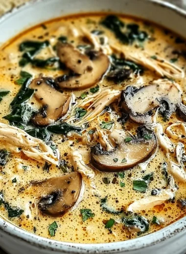 Bowl of Clean Chicken Mushroom Soup with mushrooms and herbs