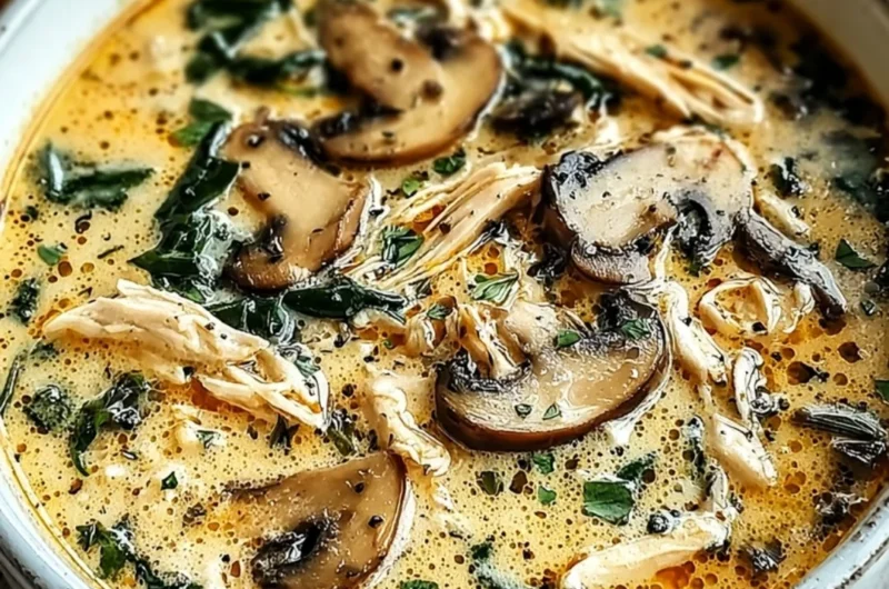 Bowl of Clean Chicken Mushroom Soup with mushrooms and herbs