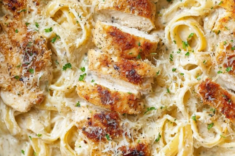 Creamy Chicken Fettuccine Alfredo served in a bowl with parsley garnish