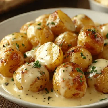 Creamy garlic sauce drizzled over baby potatoes