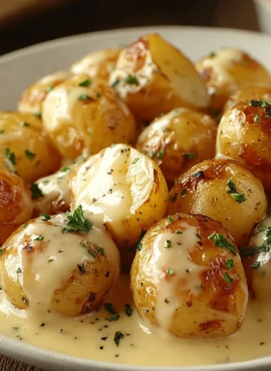 Creamy garlic sauce drizzled over baby potatoes