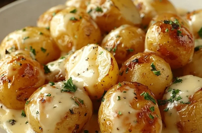 Creamy garlic sauce drizzled over baby potatoes