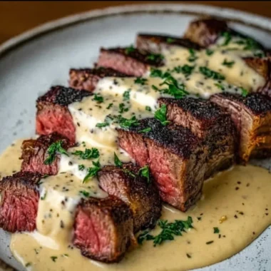 Delicious creamy garlic sauce steak garnished with herbs