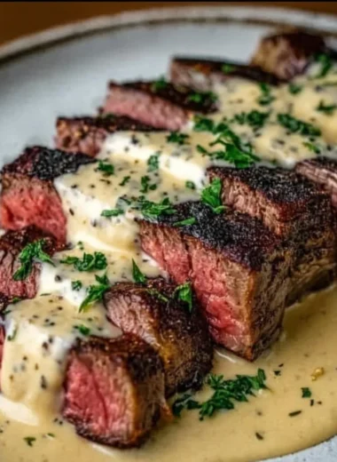 Delicious creamy garlic sauce steak garnished with herbs