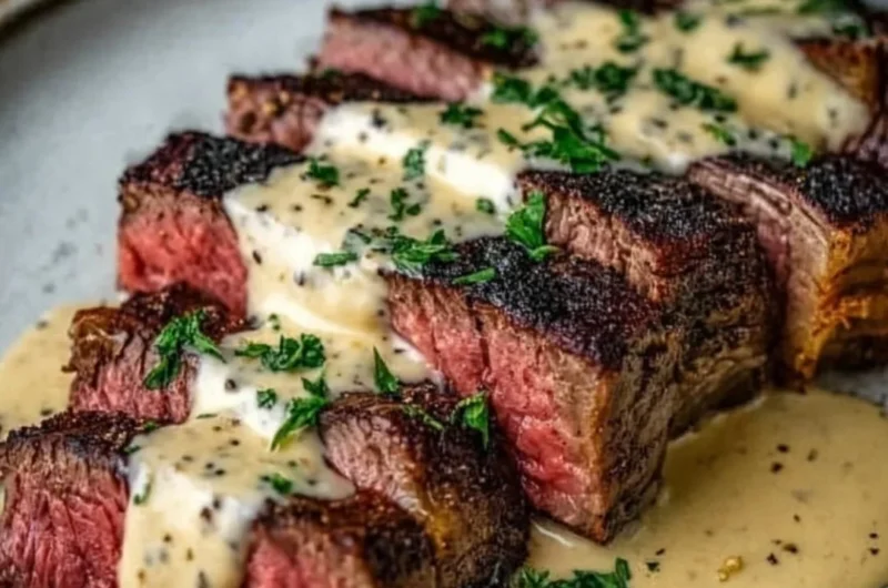 Delicious creamy garlic sauce steak garnished with herbs