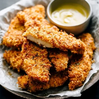 Crispy baked chicken tenders served with dipping sauce on a plate