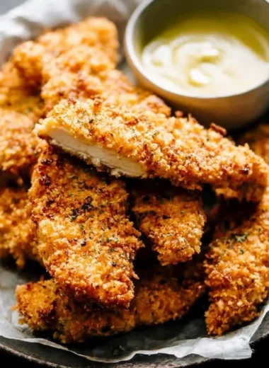 Crispy baked chicken tenders served with dipping sauce on a plate